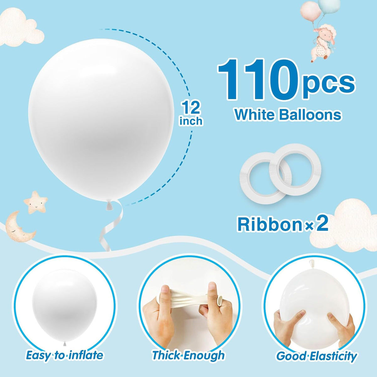 110pcs White Balloons 12 Inch White Latex Balloon Garland Arch Kit for Birthday Baby Shower Wedding