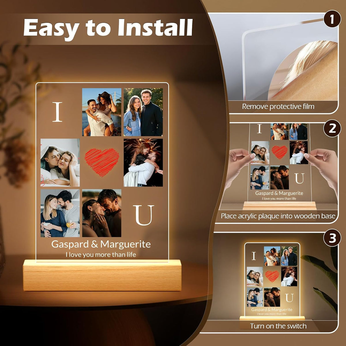 Personalized Photo Frame with Night Light, Custom Picture Frames with Photo, Customized Acrylic
