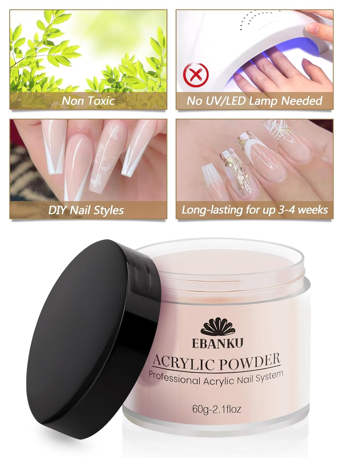EBANKU Nude Pink Acrylic Powder, 2 * 60g/2.1oz Acrylic Powder Large Capacity Professional Acrylic