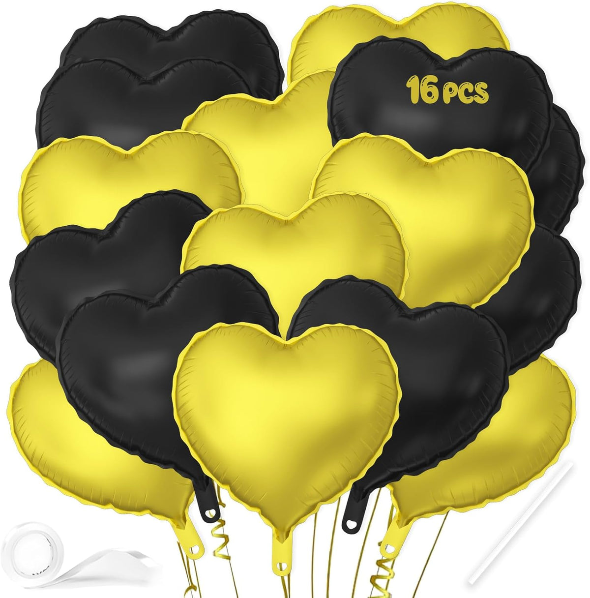16 Pcs Heart Balloons, 18 Inch Black Gold Love Heart Shaped Foil Balloons for Wedding Anniversary
