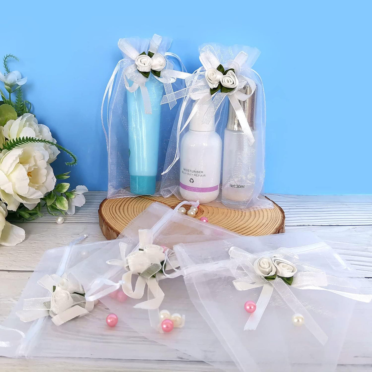 SumDirect Rose Organza Gift Bags - 50Pcs 5x7 inch White Wedding Favor Gift Bags, Jewelry Pouches