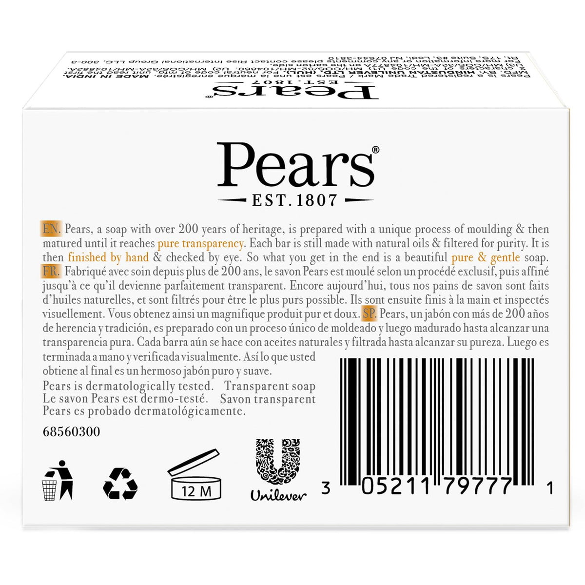 Pears Soap, Pure & Gentle with Natural Oils, 12-Pack – Transparent Amber Glycerin Soap for