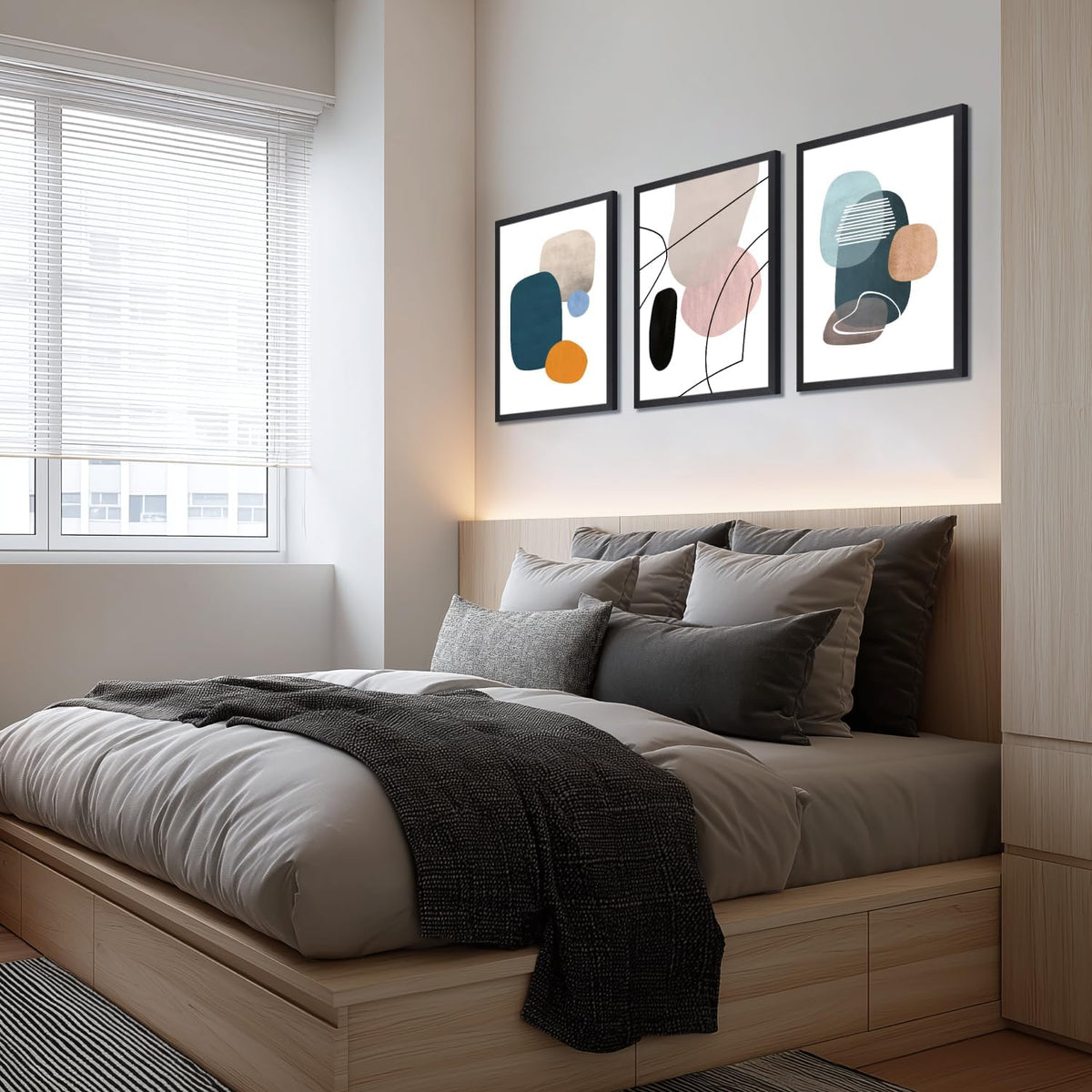 IAFWZX Wood Framed Abstract Geometric Wall Art, Orange Blue Beige Color Block Wall Decor, Modern