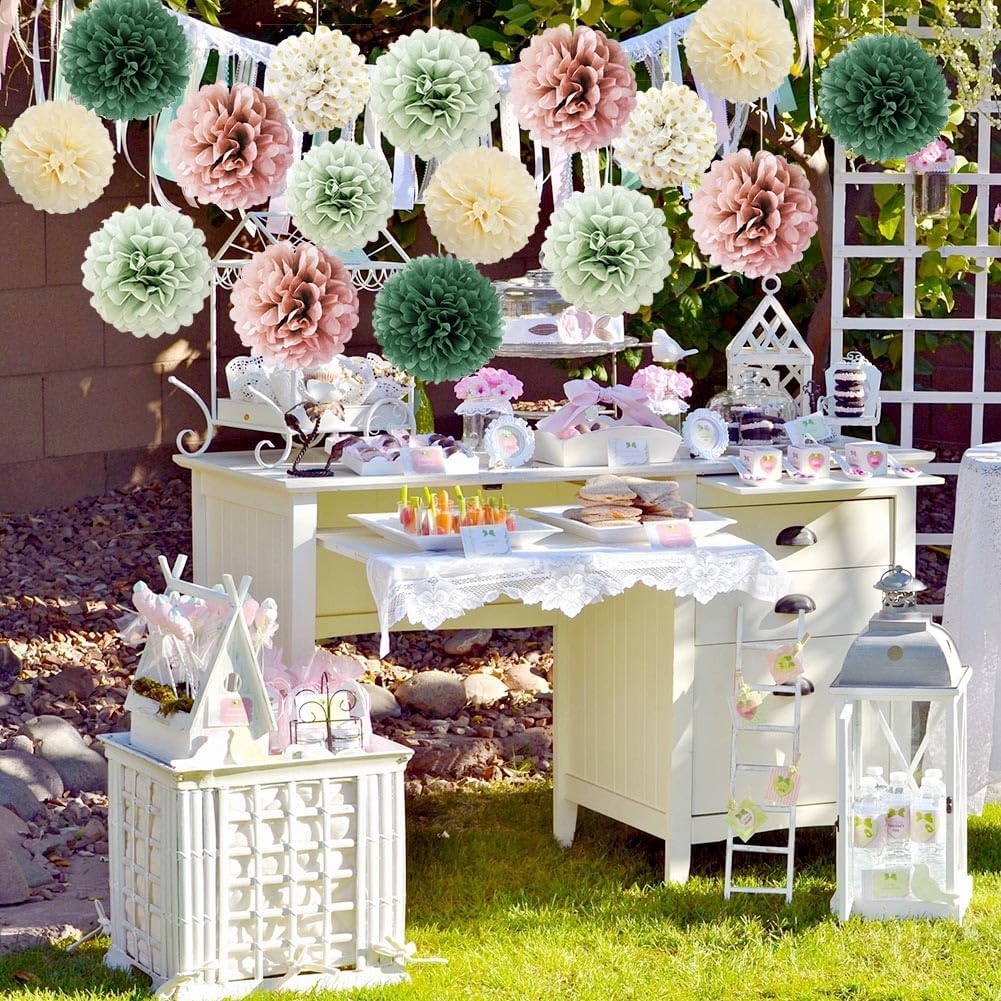 16pcs Dusty Rose Olive Sage Green Tissue Paper Pom Poms Flowers Sage Green Dusty Pink Party