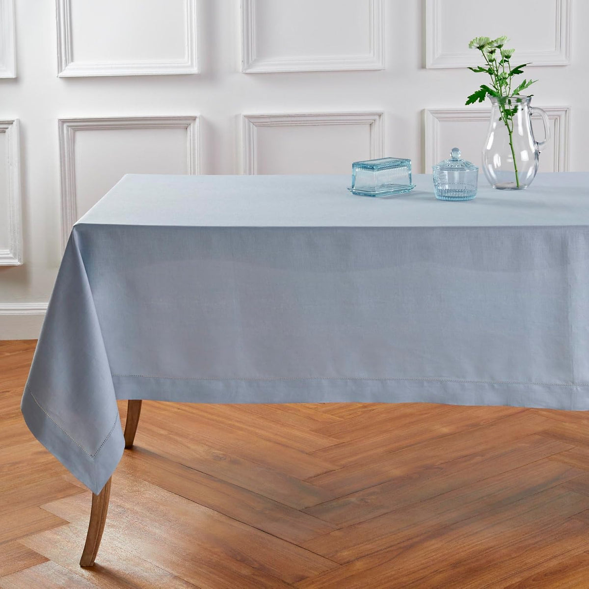 Solino Home Linen Tablecloth 52 x 52 Inch - 100% Pure Linen Dusty Blue Square Tablecloth - Classic