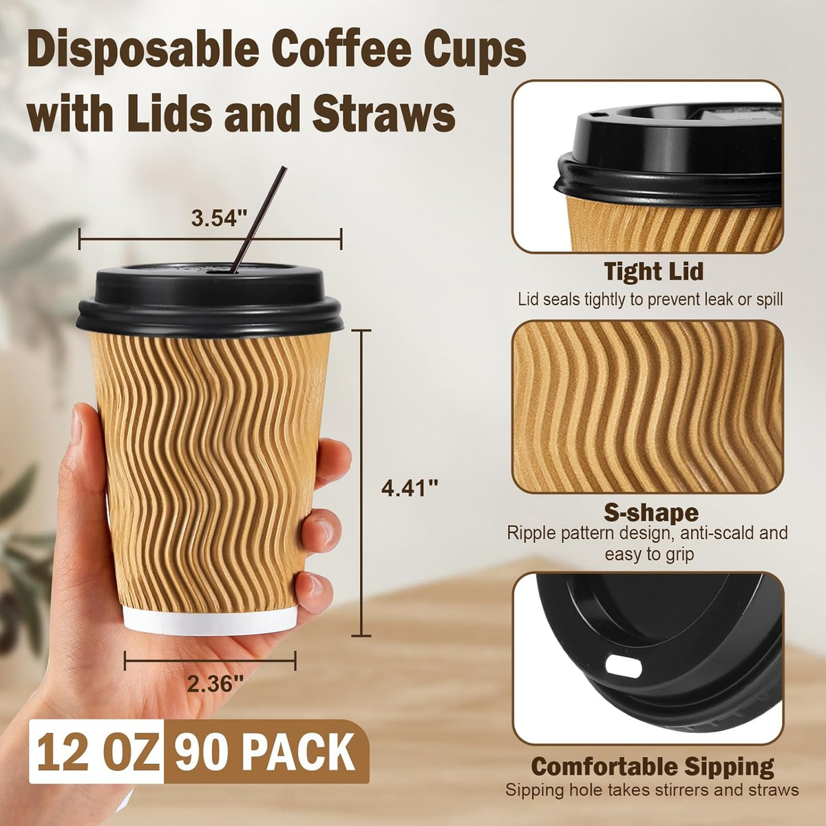 SIUQ 12 oz Coffee Cups-90 Pack Disposable Coffee Cups with Lids and Straws, Insulated Ripple Wall