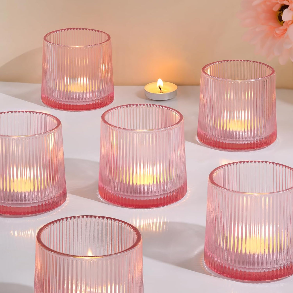 Pink Ribbed Tealight Votive Candle Holders- 6Pack Glass Candle Holders for Table Centerpiece, Home