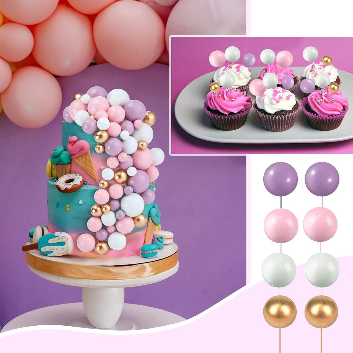 108 Pcs Balls Cake Topper DIY Cupcake Insert Foam Balloons for Cake Baking Wedding Anniversary