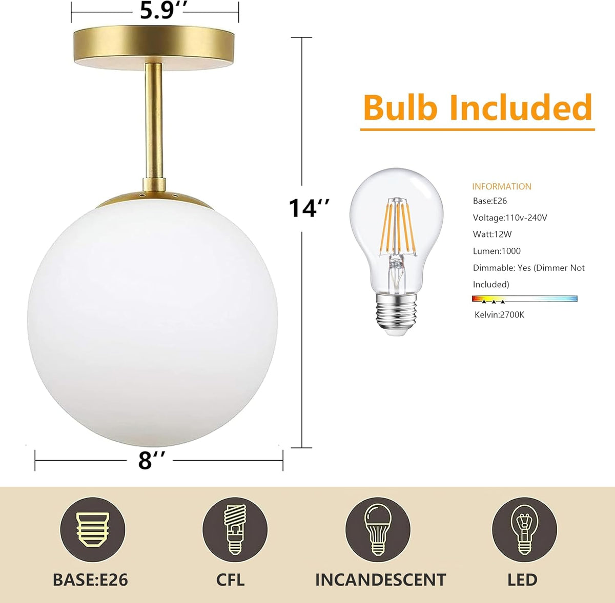Gold Globe Semi Flush Mount Ceiling Light,Mid Century Modern Light Fixture Ceiling,Globe Ceiling