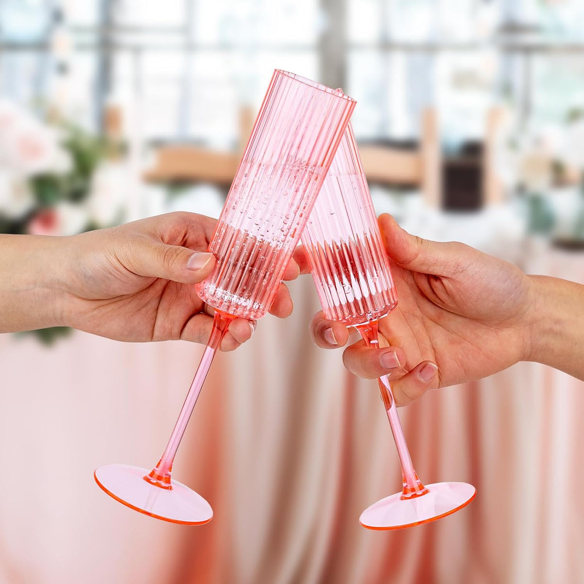 Ciaell 24 Pack Pink Plastic Champagne Flutes - 6oz Ribbed Disposable Champagne Glasses - Pink