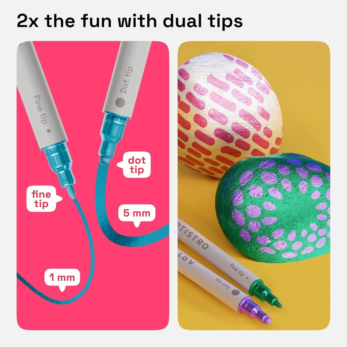 ARTISTRO 24 Metallic Dual-Tip Acrylic Paint Markers for Rock, Canvas, Glass, Wood, & More Fine +