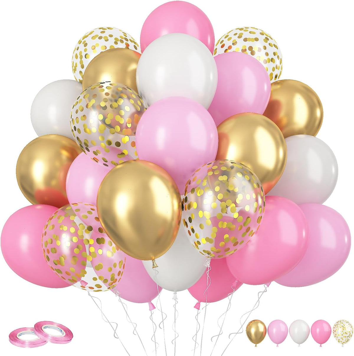 FunHot Pink and Gold Balloons, 60Pcs Retro Pink White Balloons, 12 Inch Metallic Gold Confetti
