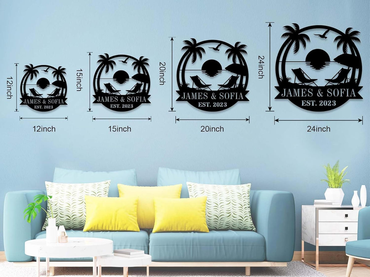 Personalized Beach Metal Monogram Sign, Custom Palm Trees Sign, Outdoor Metal Family Name Sign