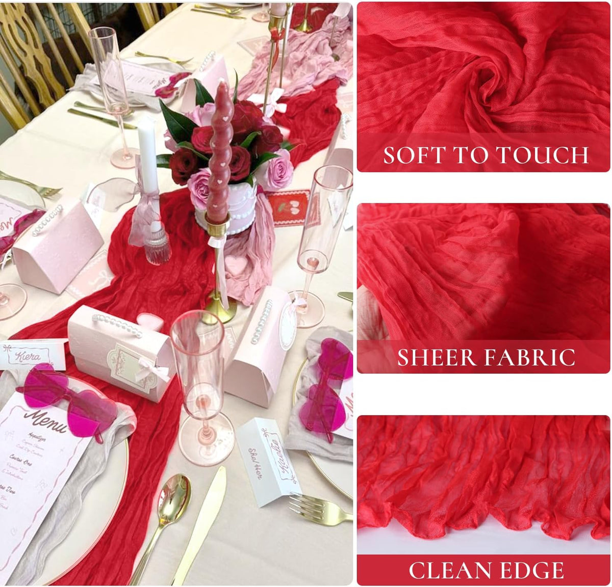3 Pack Red Cheesecloth Table Runner Gauze Christmas Table Runner 35x120 Inch Rustic Boho Cheese