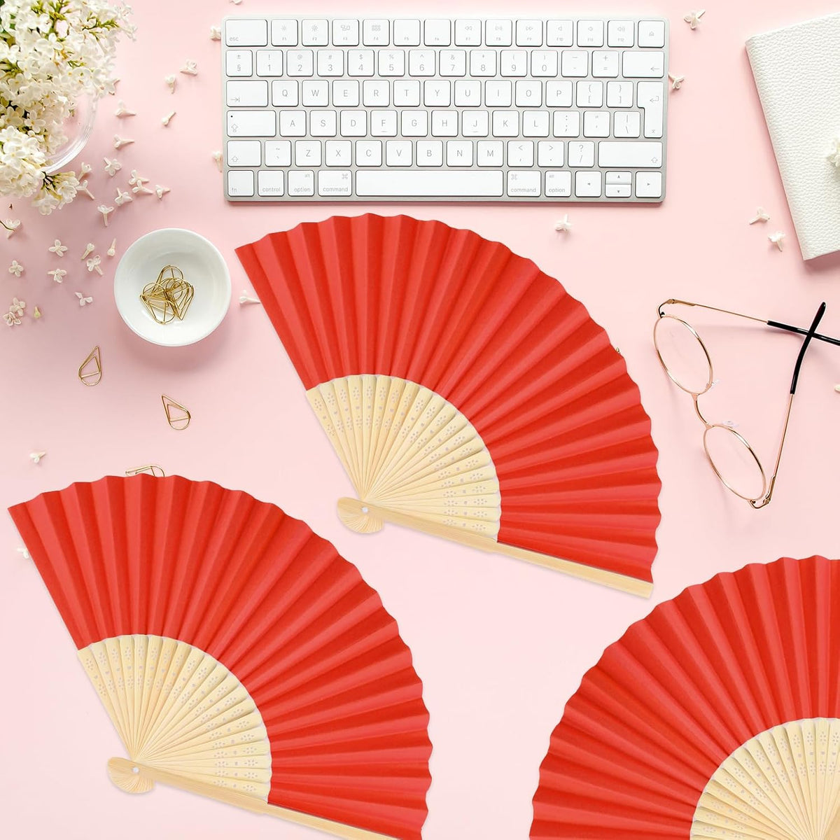 12 Pieces Red Hand Held Bamboo Folding Fans Paper Fans Handheld for Women Foldable Girls Wedding