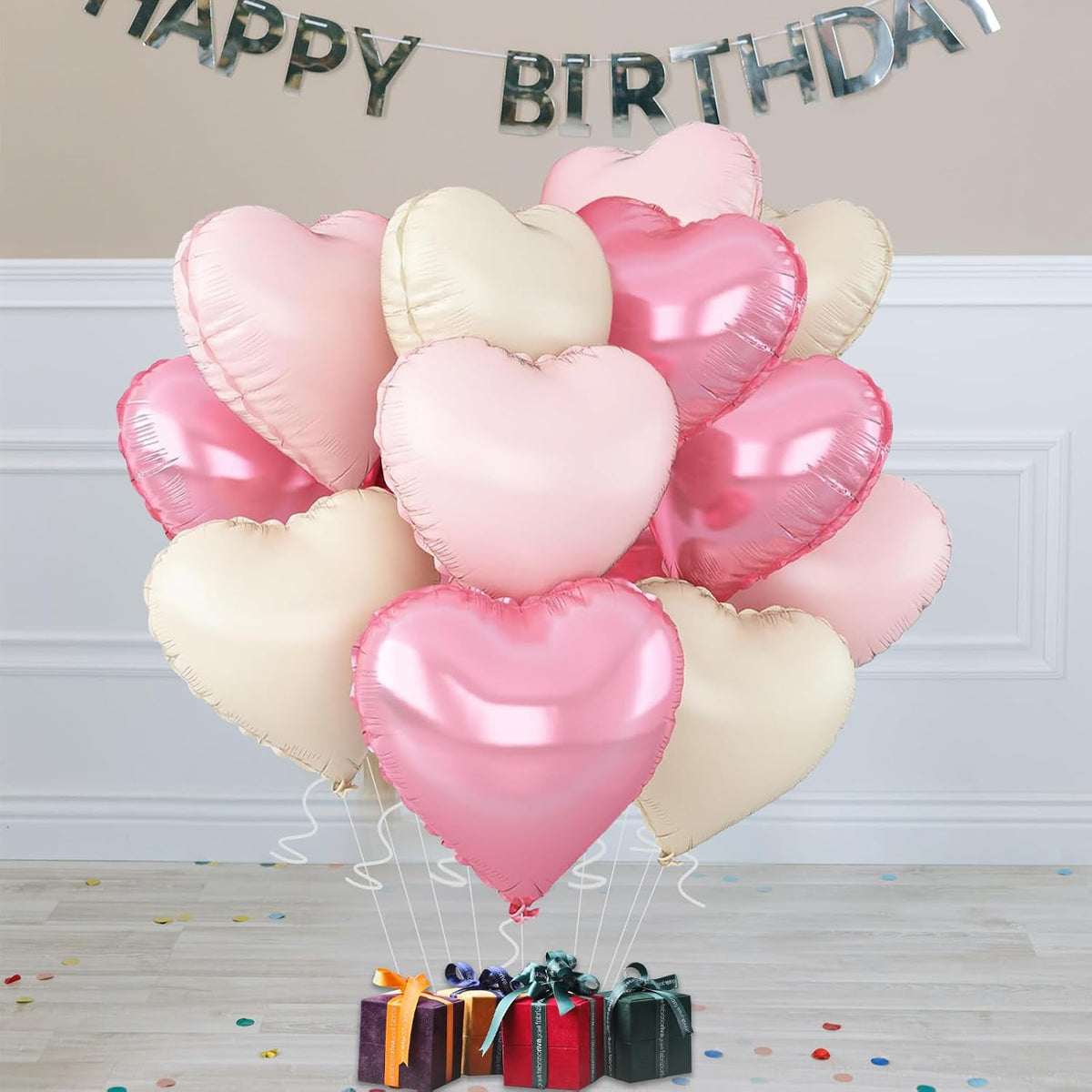 Pink Heart Balloons,18inch Bright Pink Heart Shaped Foil Balloons & Pastel White Helium Mylar