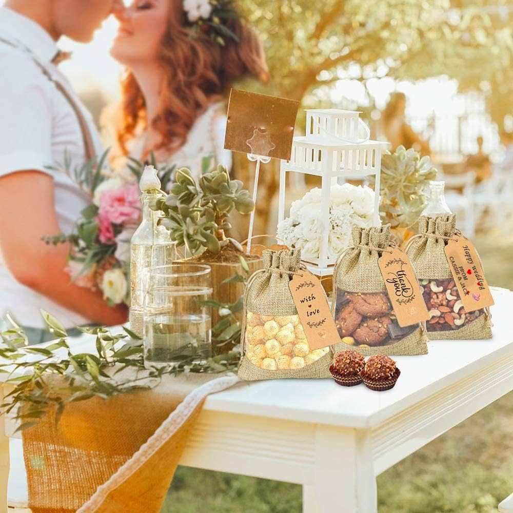 GIOIPC 20Pcs 6 x 9 Inch Linen Burlap Sheer Bags with Drawstring and Bonus Gift Tags for Wedding