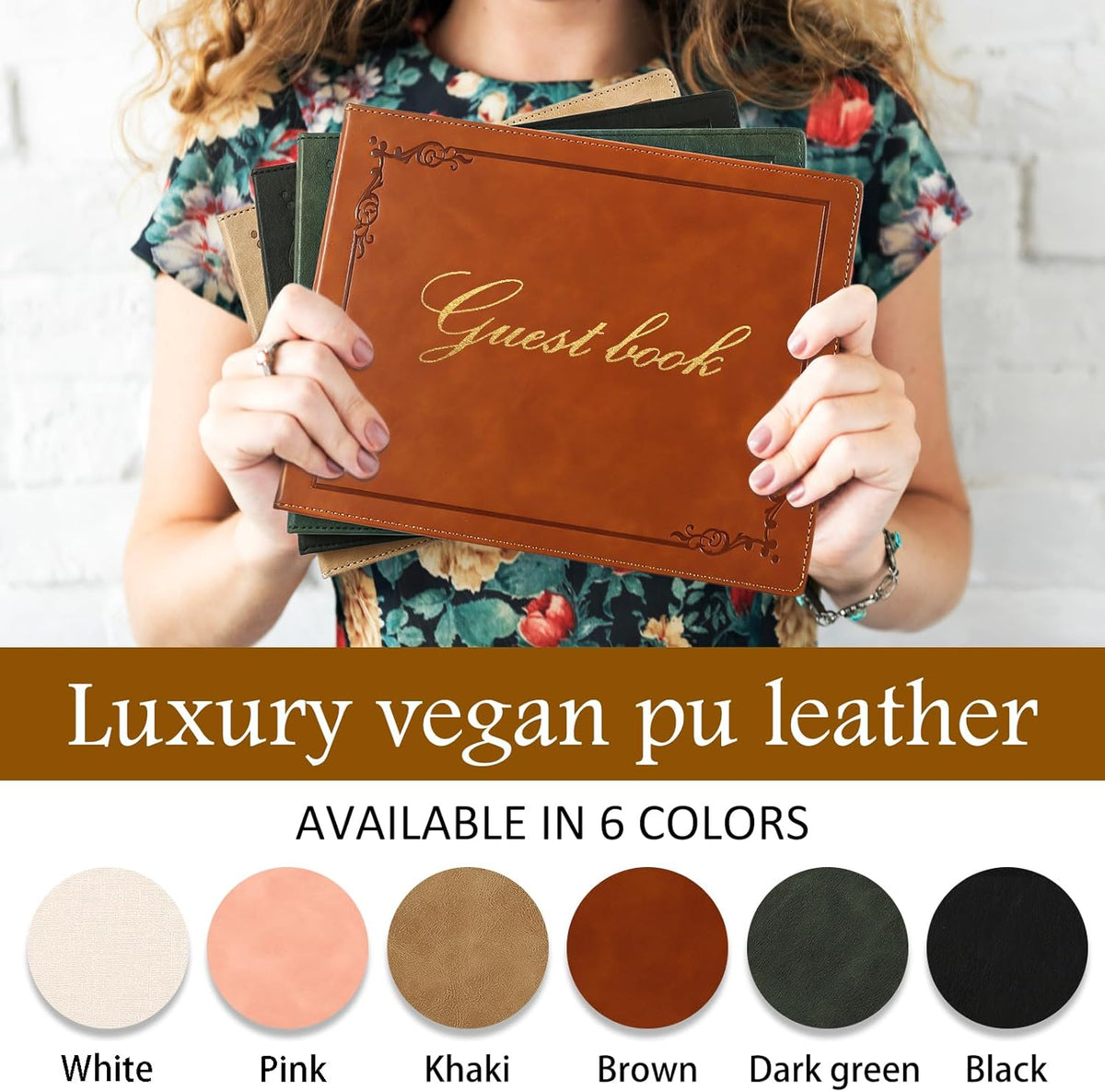 8x10 Leather Guest Book and Standup Sign Set, Gold Foiled Cover Registry Book for Wedding