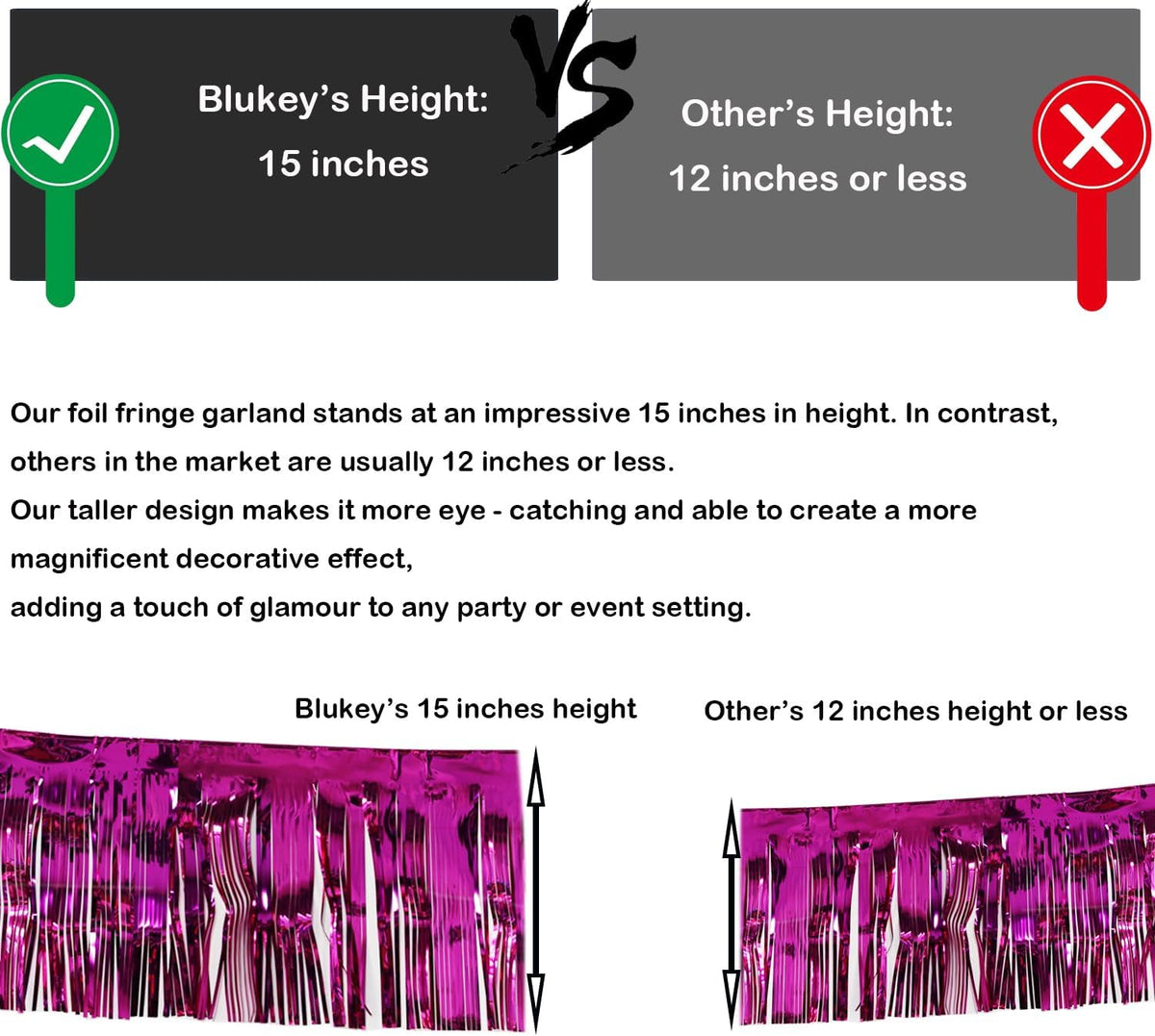 Thick 10 feet by 15 inches Fuchsia Foil Fringe Garland - Pack of 3 | Shiny Metallic Tassle Banner