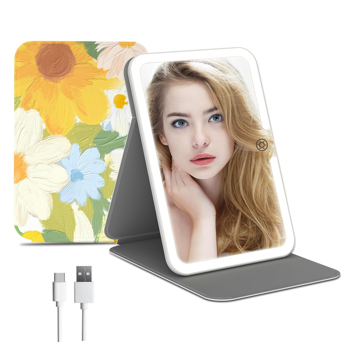 Rechargeable Travel Lighted Makeup Mirror with PU Leather Cover, Portable Travel Makeup Mirror with