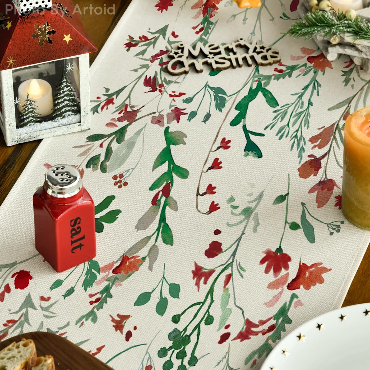 Artoid Mode Floral Leaves Christmas Table Runner, Wild Flowers and Grasses Winter Kitchen Dining