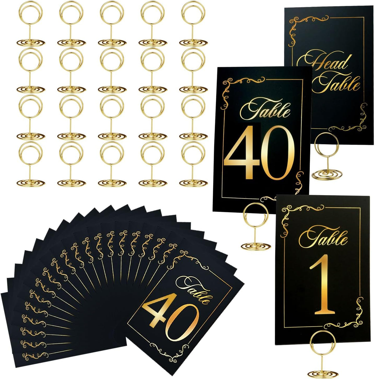 Wedding Table Numbers 1-40 and Head Table Card, Black Gold Cards with 41 Gold TableNumber Holders