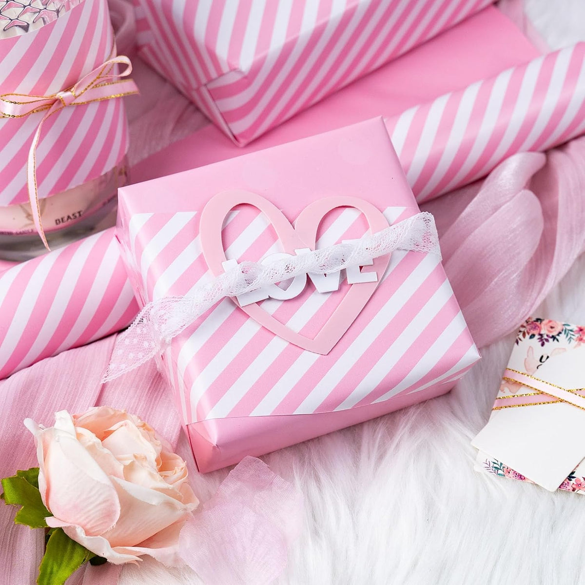 Burymento Pink and White Stripes Wrapping Paper, Reversible Pink Gift Wrap for Birthday