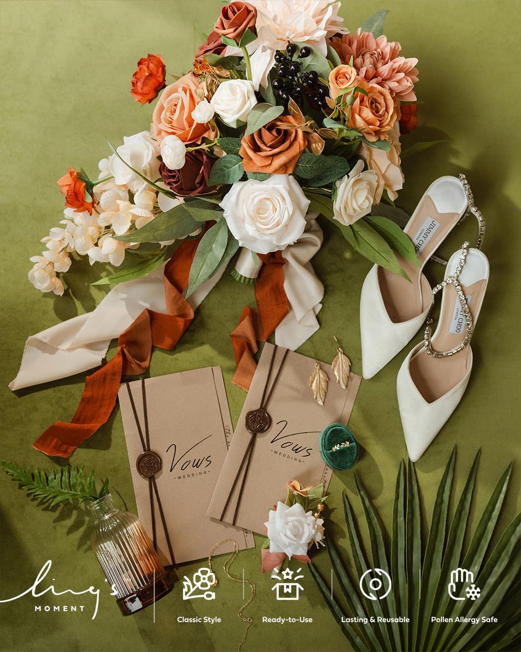 Ling's moment Terracotta Bridal Bouquet Cascading, Orange Wedding Bouquets for Bride, 13 Inch Bride
