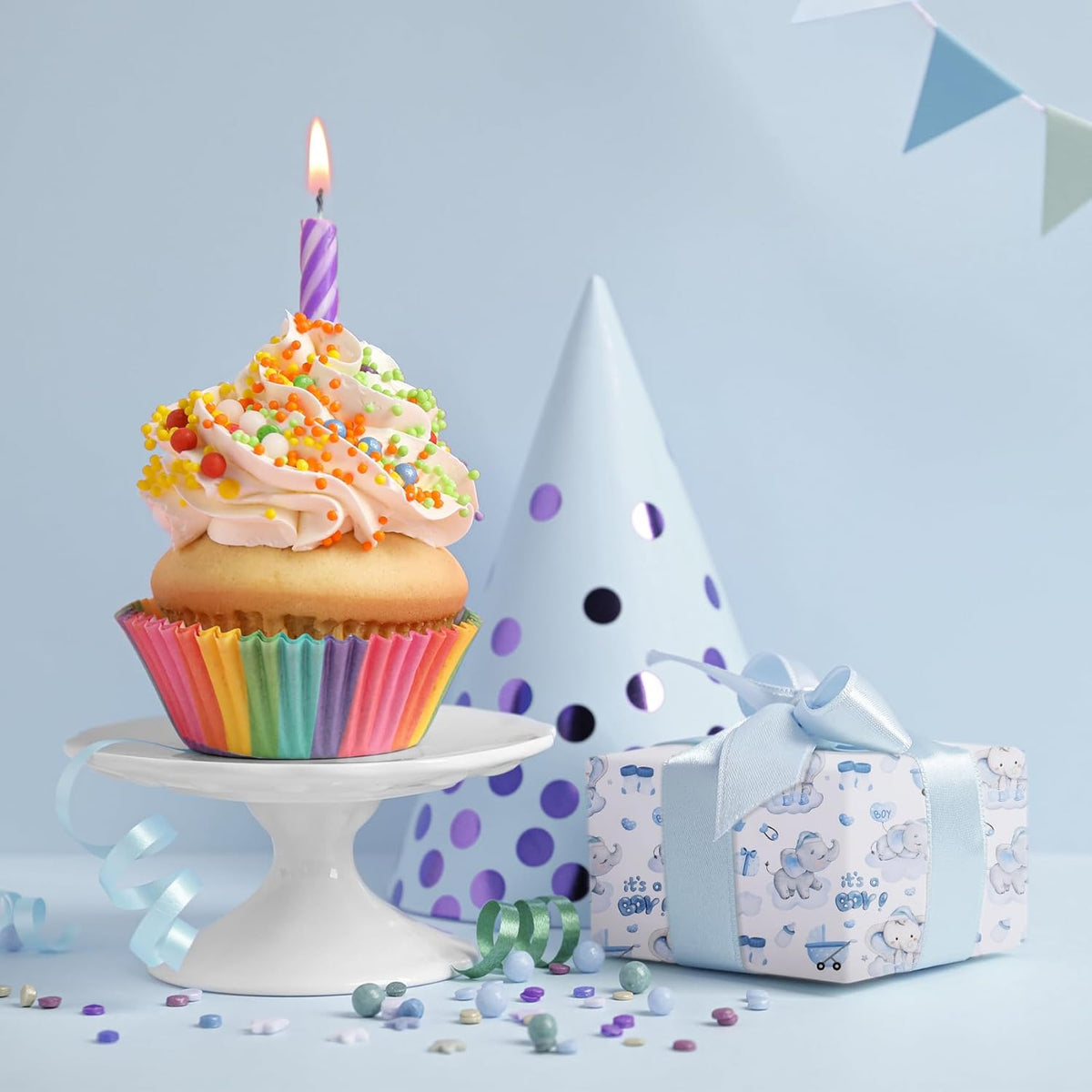 Aimyoo Blue Baby Shower Wrapping Paper Roll - 17 Inch X 32.8 Feet - Cute Elephant with It‘s A Boy