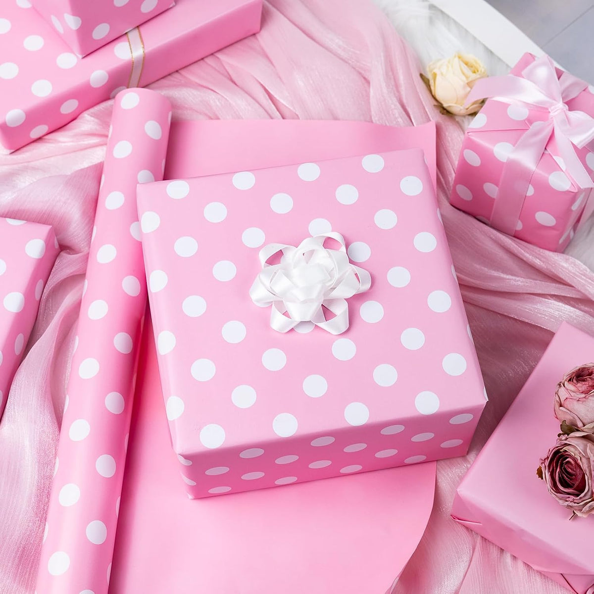 Burymento Pink and White Dots Wrapping Paper, Reversible Pink Gift Wrap for Birthday, Valentines