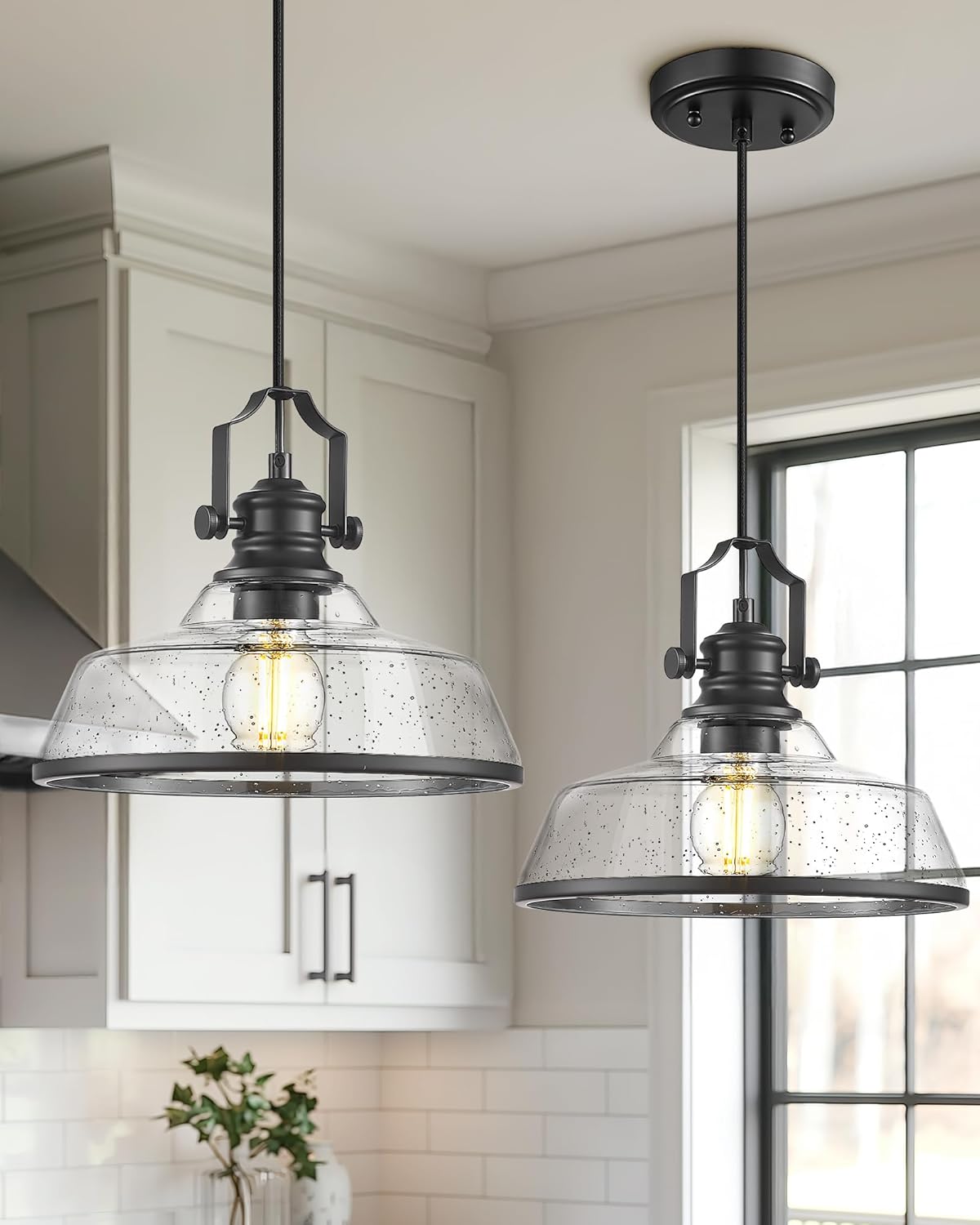 kudos 2 Pack Pendant Lights Kitchen Island, 11" Black Kitchen Island Lighting with Seeded Glass