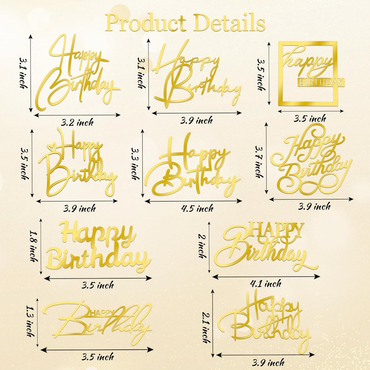 10 PCS Gold Happy Birthday Cake Topper Mirror Acrylic Cake Toppers Double-Sided Glitter Birthday