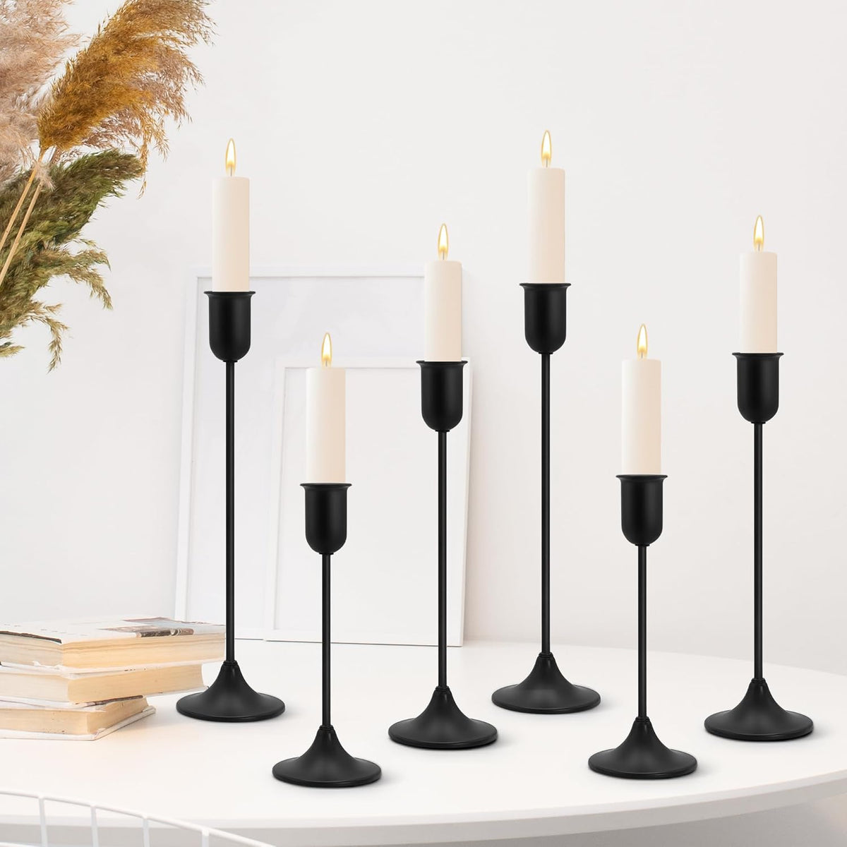 6 Pcs Black Candle Holders Set, Vintage Home Decor – Modern Taper Candlestick Holders for Wedding