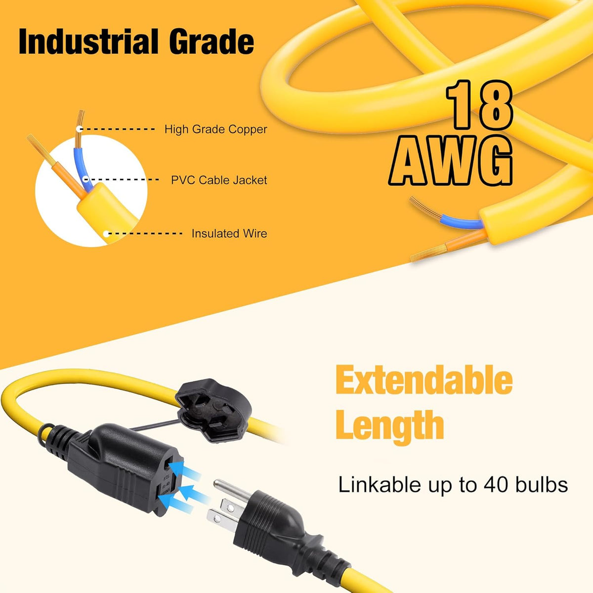 3-Prong 100FT Construction String Lights, IP65 Waterproof ETL Certified String Work Lights, 5000K