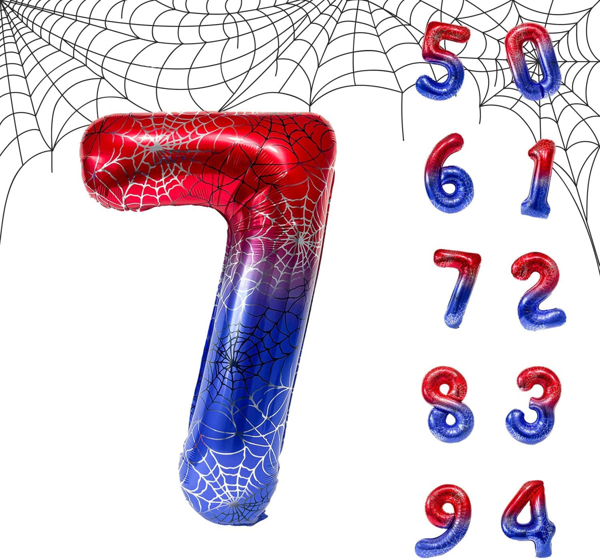 Spider Web 40Inch Foil Number Balloons Set 0-9 Includes Inflation Straws - Giant 7 Decor for