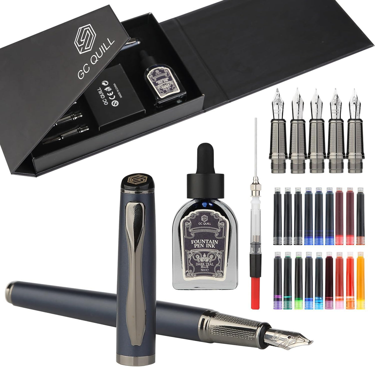 GC QUILL Calligraphy Fountain Pen Set - Includes 5 Nibs, Ink Bottle, Ink Refill Converter and 18