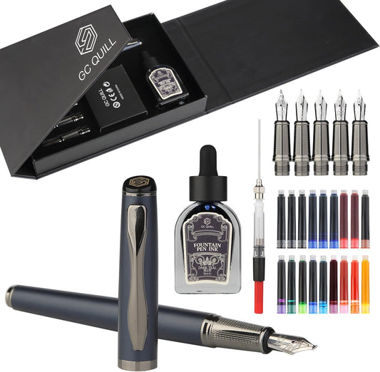 GC QUILL Calligraphy Fountain Pen Set - Includes 5 Nibs, Ink Bottle, Ink Refill Converter and 18