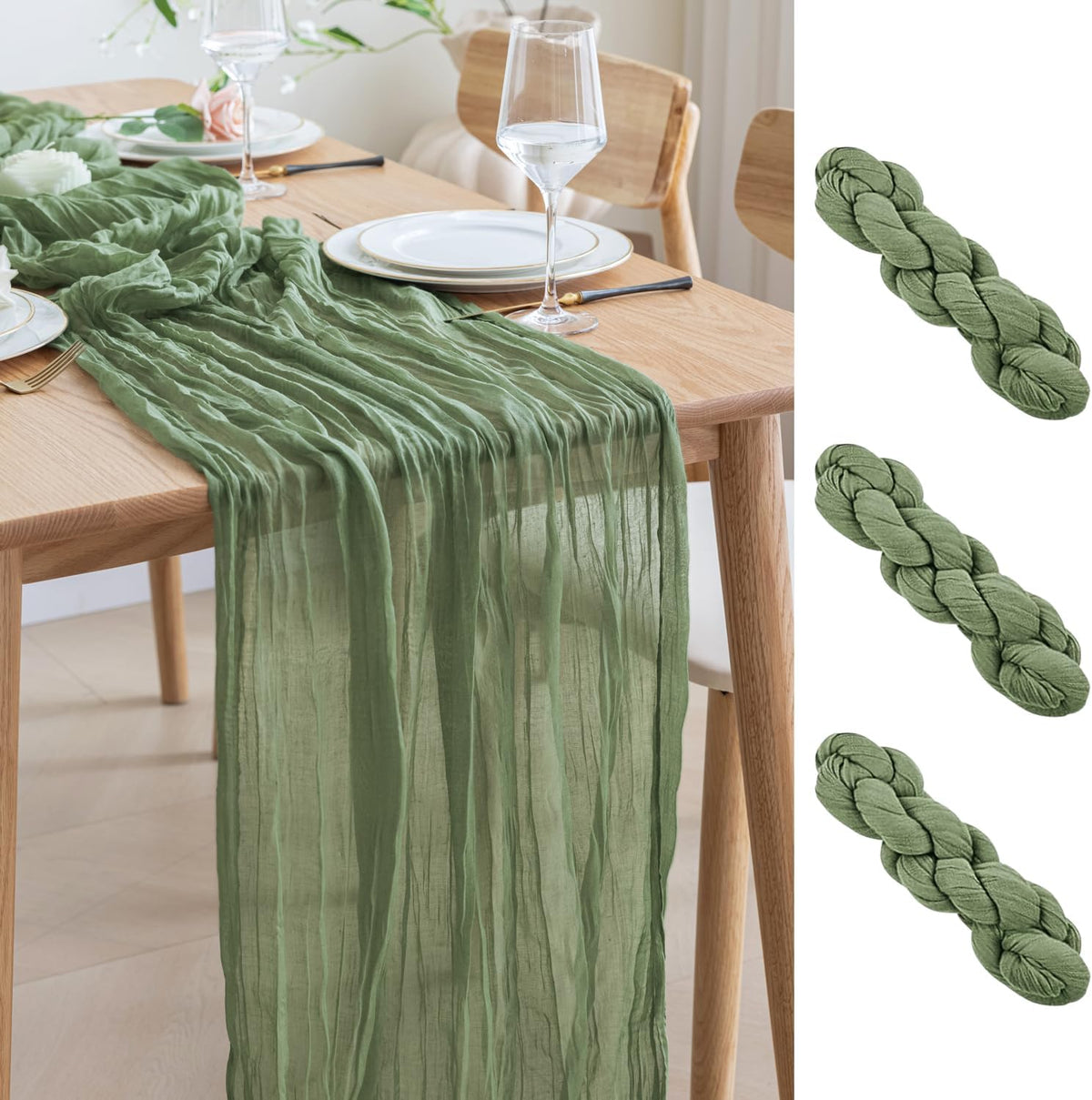 Asee'm 3pcs Cheesecloth Table Runner 120 Inches Sage Green Boho Gauze Cheese Cloth Runner 10FT