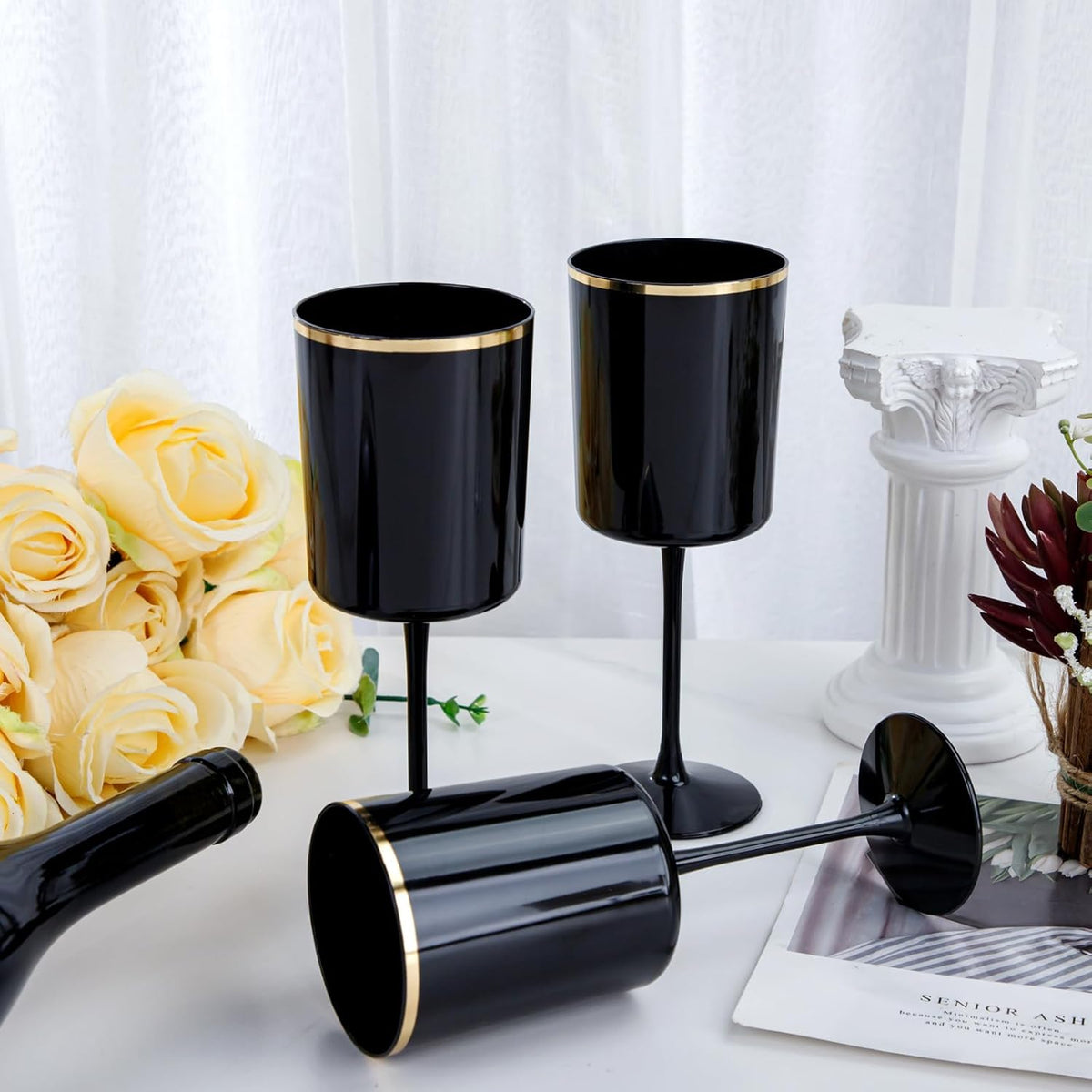 Ciaell 12 Pack 10 OZ Black Plastic Wine Glasses with Stem - Black and Gold Disposable Wine Glasses