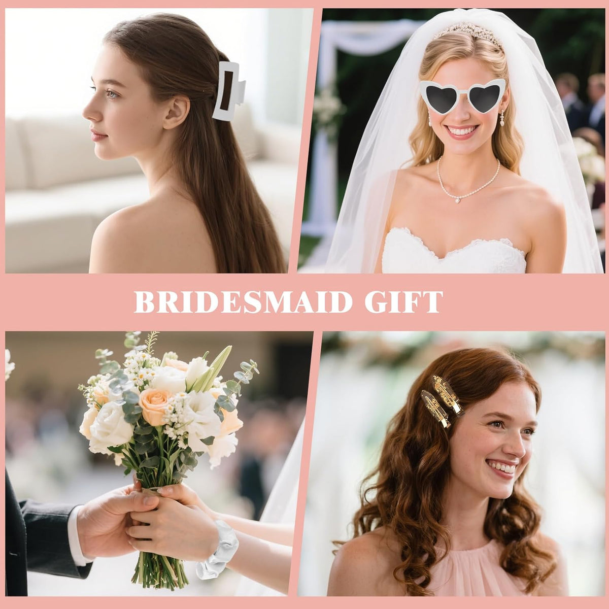 White Bridesmaid Proposal Gift Set, 8PCS Hair Claw, Scrunchies, Makeup Clips & Heart Sunglasses