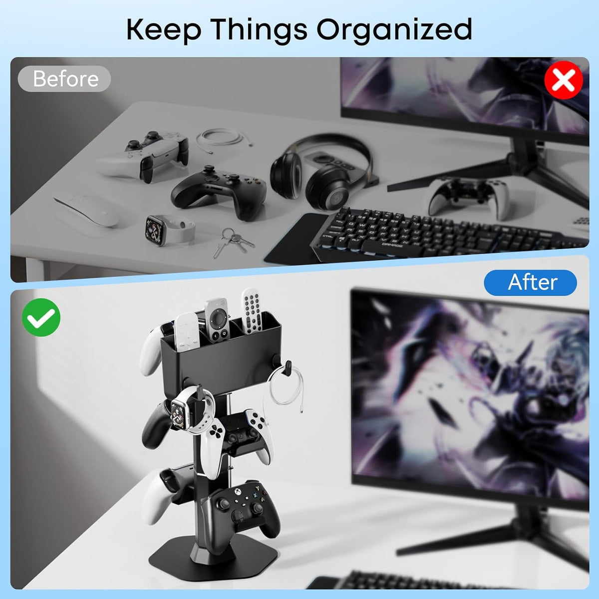 Controller Holder with Remote Control Storage Box, Headset and Controller Stand for Desk, Headphone