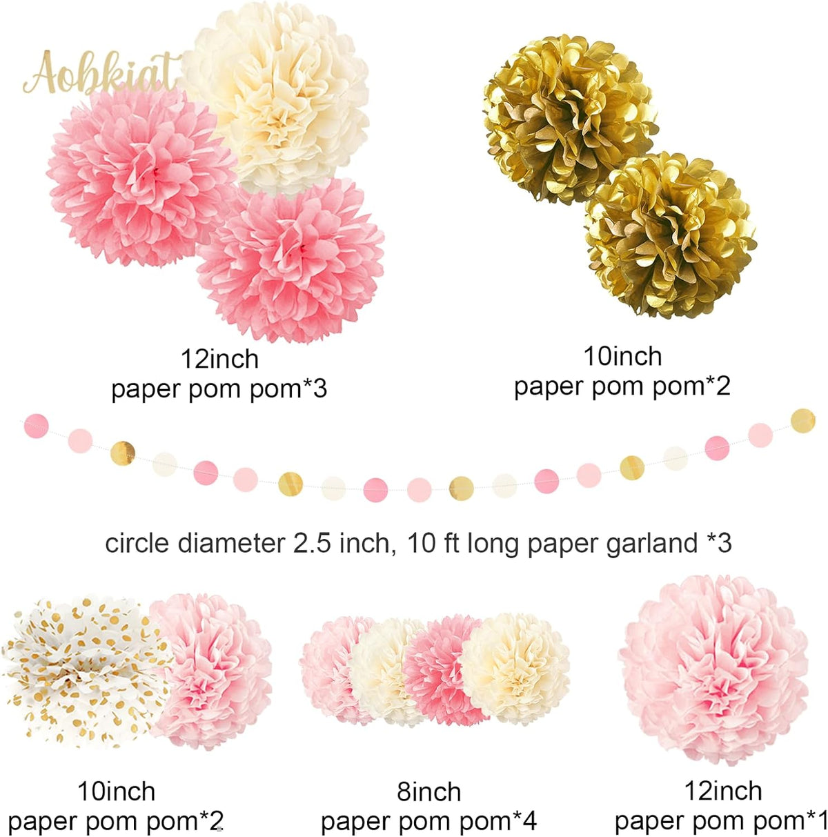 AOBKIAT Wedding Baby Shower Decorations Set,15PCS Pink Gold Tissue Paper Pom Poms,Circle Dots