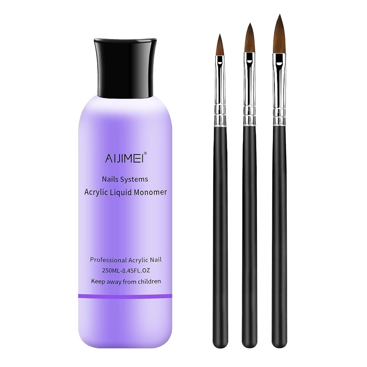AIJIMEI Acrylic Liquid Monomer 250ML/8.5FL.OZ with 3PCS Acrylic Nail Brushes for Acrylic Powder