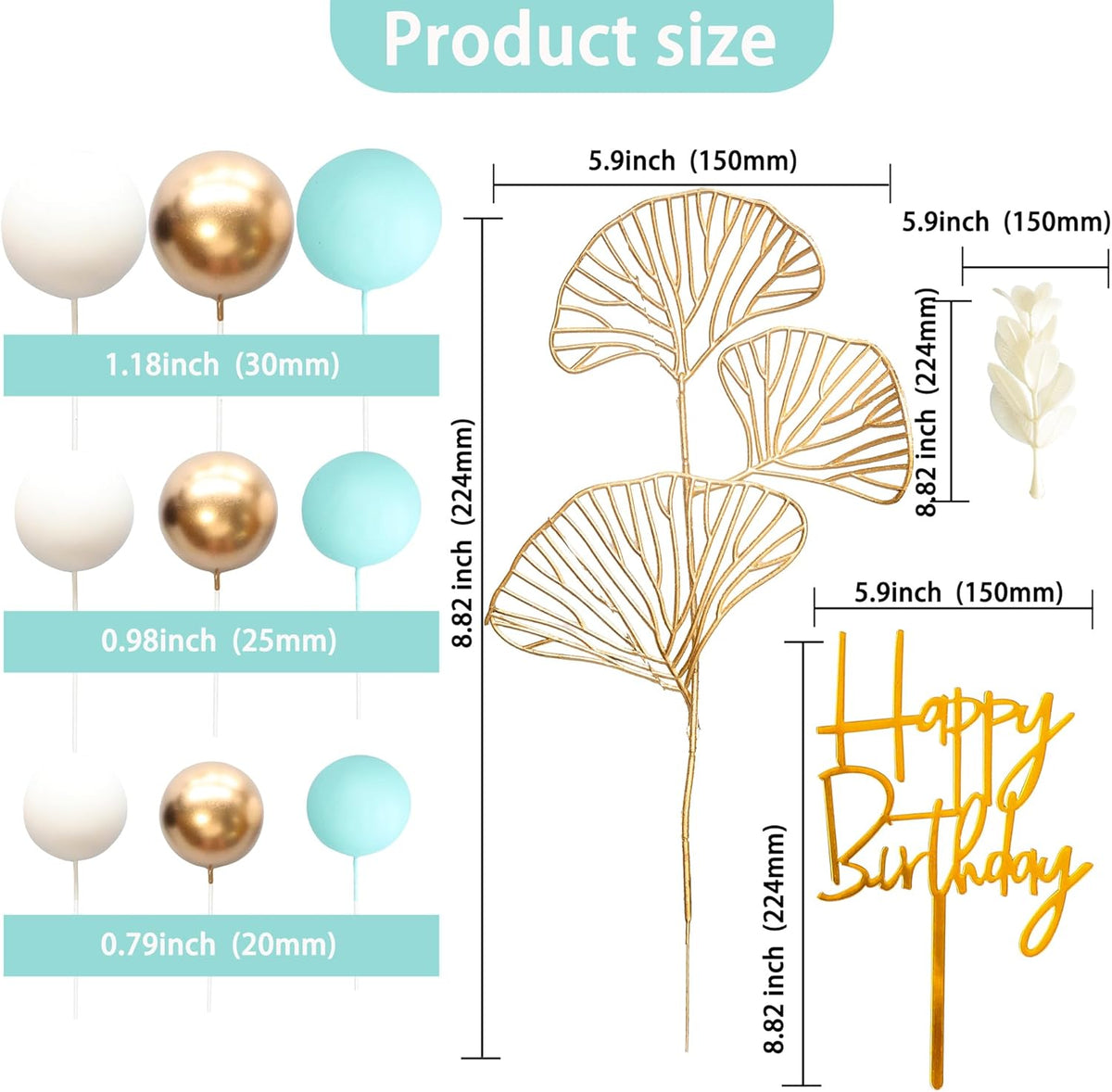 Gyufise 57Pcs Balls Cake Topper Boho Grass Cake topper Pearl Balls Acrylic Happy Birthday Cake