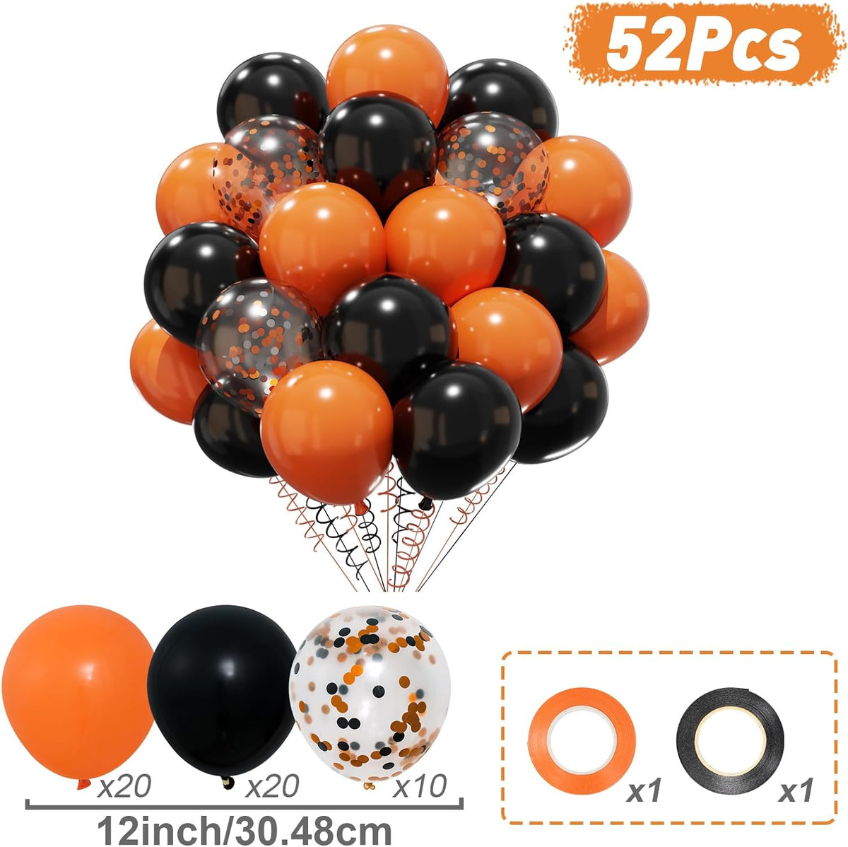 Patimate Black Orange Halloween Balloons Set, 50 pcs 12 inch Orange Black Confetti Latex Balloons