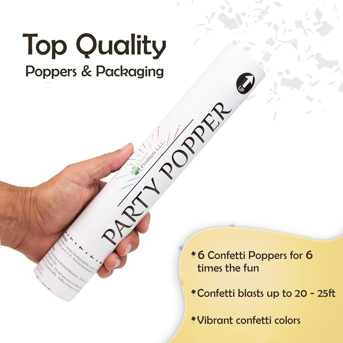 Clover Products 12" Biodegradable Confetti Cannons | 6 Pack | White Poppers for Weddings, Birthdays