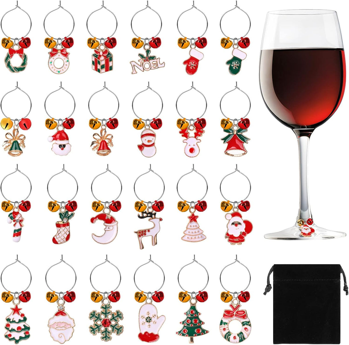 SANNIX 24pcs Christmas Wine Glass Charms - Identification Markers for Stem Glasses, Wine Tasting