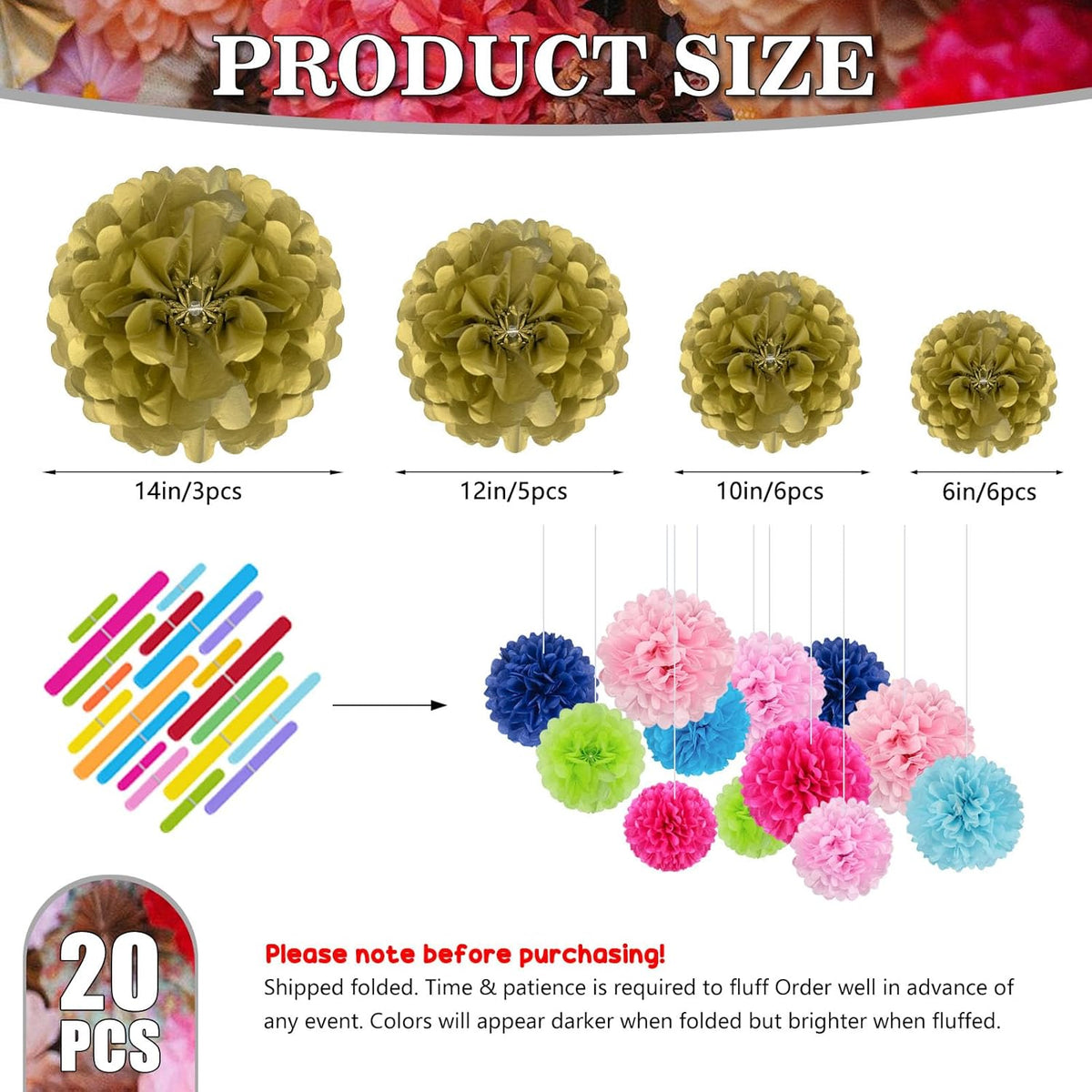 Tissue Paper Pom Poms, Gold Tissue Paper Flowers, Hanging Flower Balls for Weddings Fiesta Parties