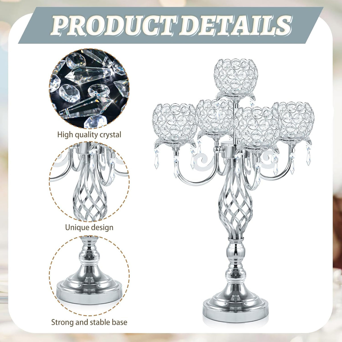 5-Arm Crystal Candelabra Centerpiece 23.2" Tall - Elegant Candle Holder Stand with Crystal Bowl