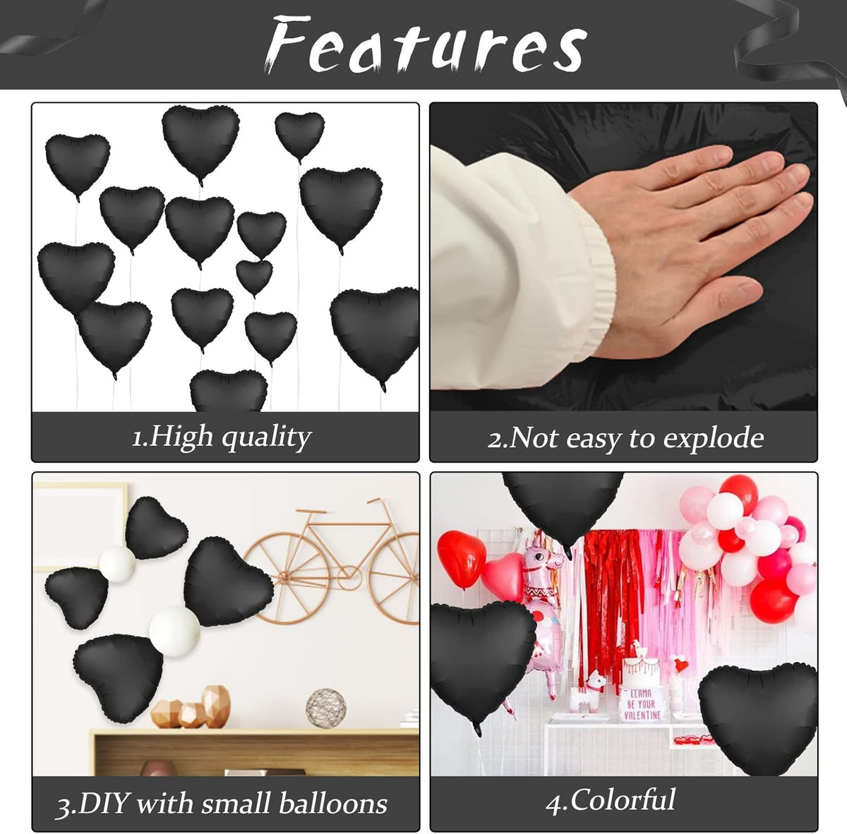 Foil Heart Balloons - 10 Black Heart Shaped Balloons, 18inch Metallic Foil for Valentines Day